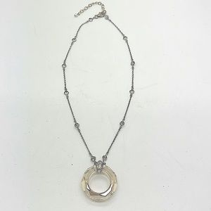 Sterling Silver Necklace w/Amber Toned Cut Glass Crystal Pendant & Clear Crystal